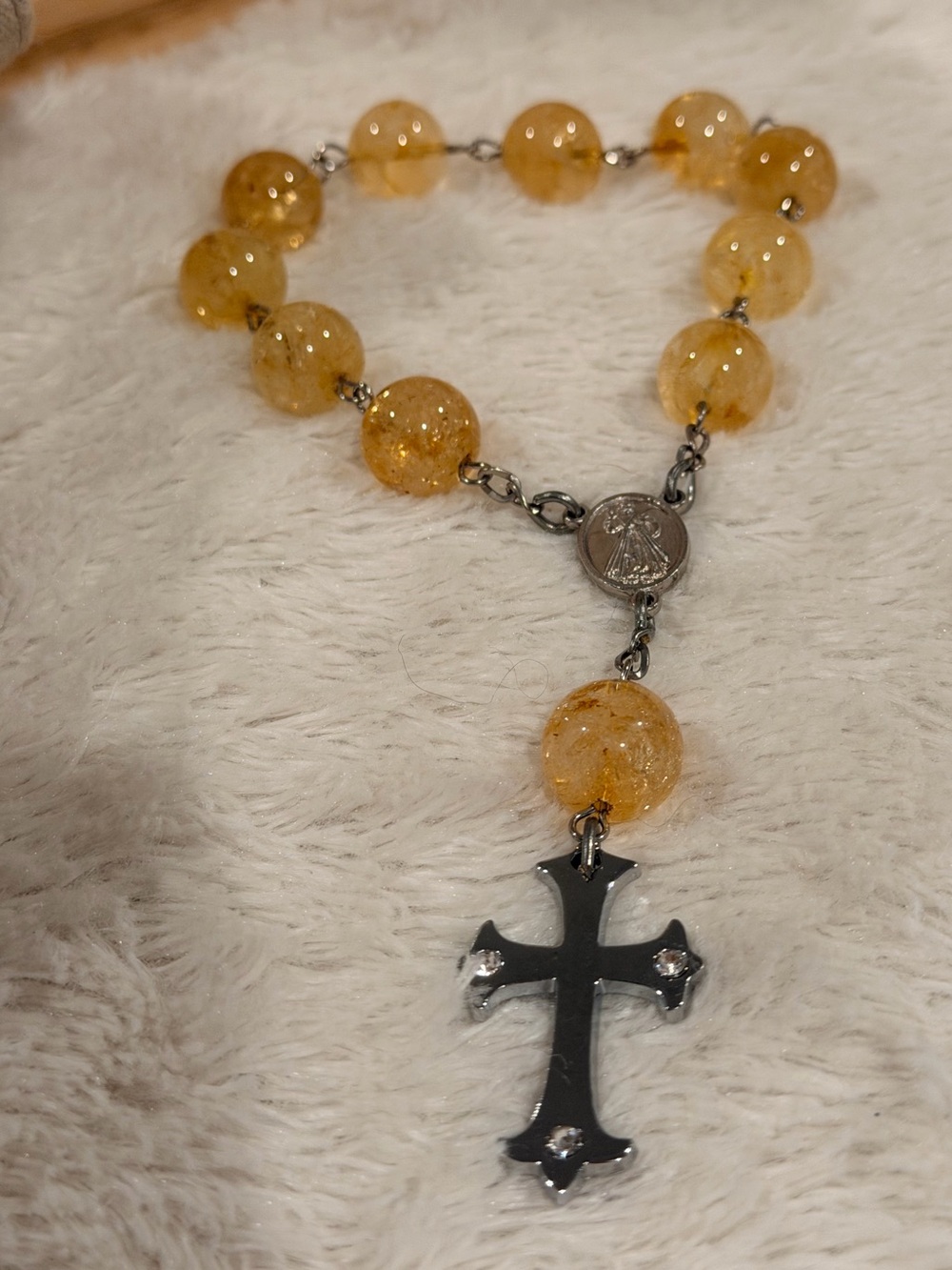 Blessed Virgin Mary yellow crackled quartz rosary bracelet